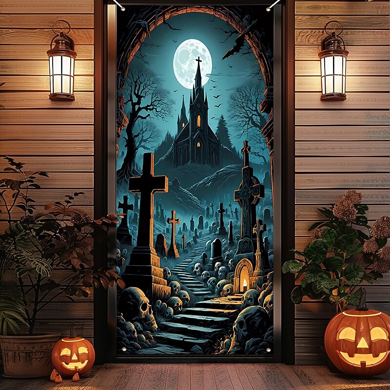 Halloween Door Cover Outdoor Banners Castle Cemetery Psychedelic Dark Punk Gothic Style Party Outdoor Shooting Backgrounds Front Door Wall Porch Home Decor3