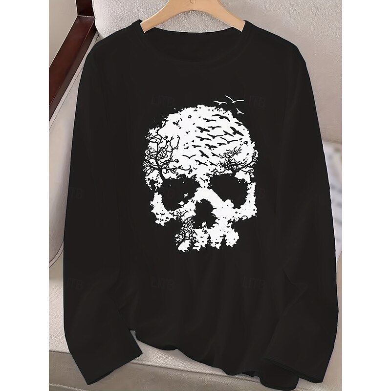 Halloween Women's T Shirt Skulls Graphic Vintage Stylish Classic Long Sleeve Crew Neck Round Neck Regular Tops Daily Print Black Gray Fall Winter3