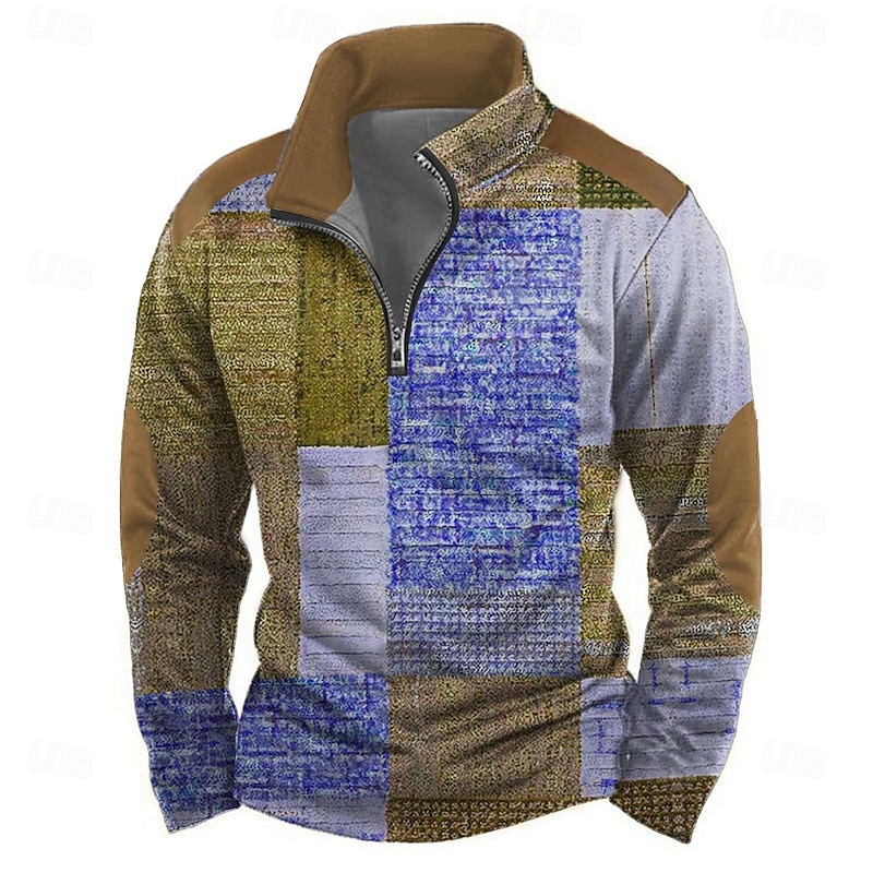Men's Geometric Abstract Sweatshirt Casual Long Sleeve Stand Collar Vacation Streetwear Blue Purple Zipper Quarter Zip Fall Winter Designer4
