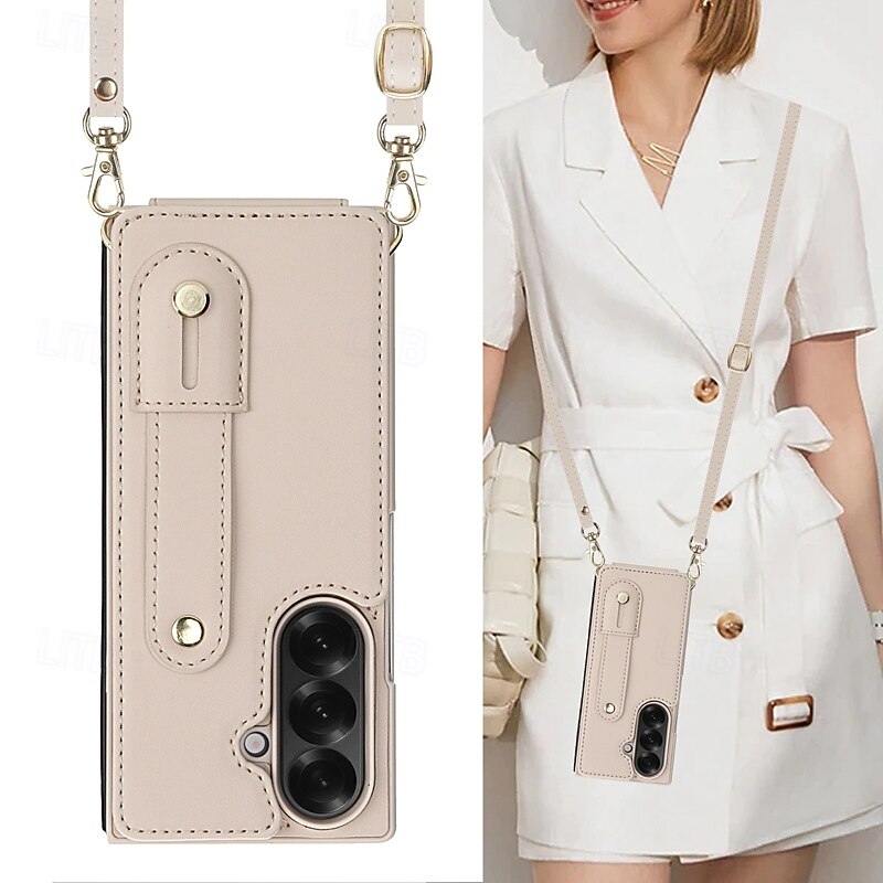 Phone Case For Samsung Galaxy Z Fold 7 Z Fold 6 Z Fold 5 Z Fold 4 with Wrist Strap Kickstand Card Slot Retro TPU PU Leather2