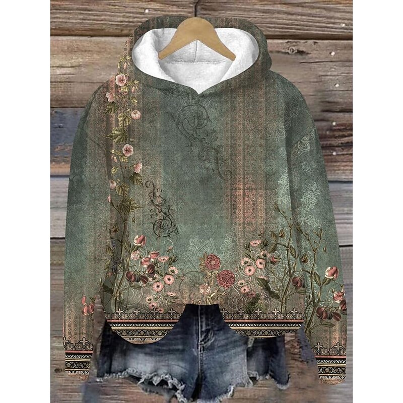 Women's Pullover Hoodie Sweatshirt Floral Streetwear Casual Long Sleeve Hooded Regular Tops Street Holiday Pocket Print Wine Green Fall Winter