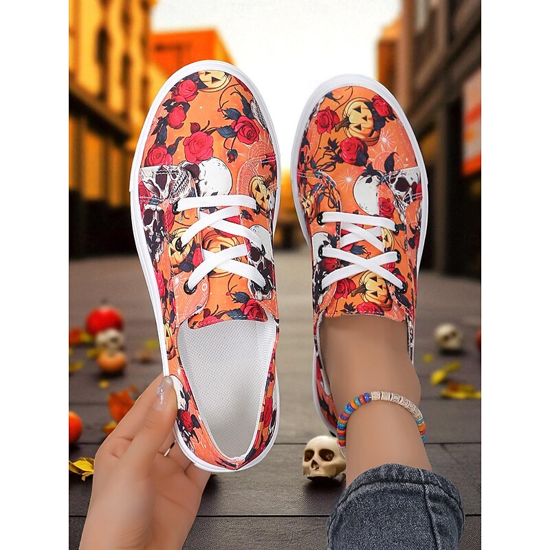Women's Orange Halloween Skull & Pumpkin Rose Print Canvas Sneakers - Lace-Up Casual Shoes for Fall Streetwear & Costume Parties3