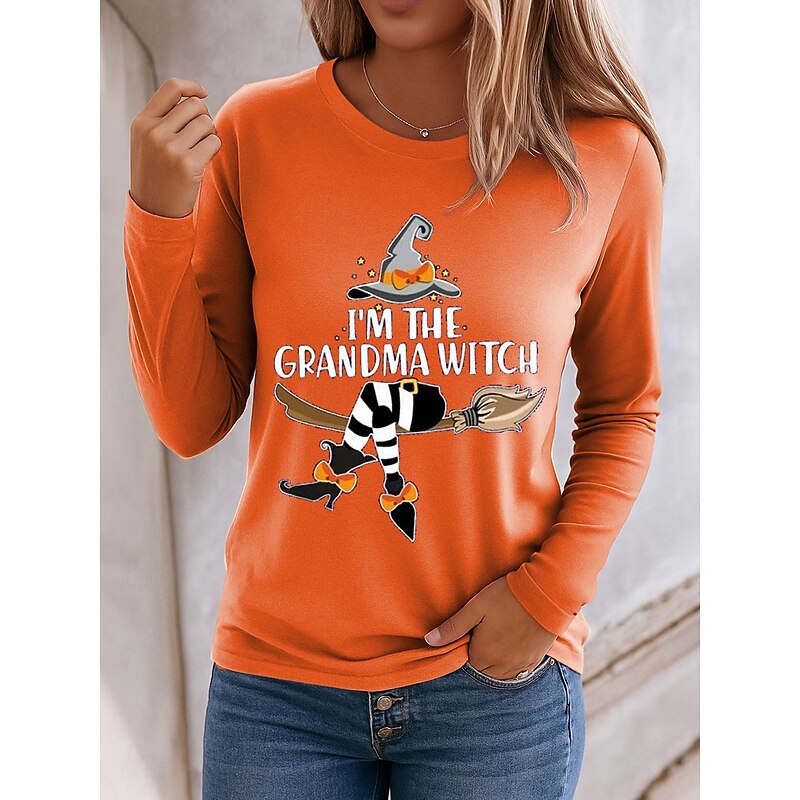 Halloween Women's T shirt Witch Long Sleeve Graphic Letter Vintage Fashion Stylish Long Sleeve Crew Neck Regular Tops Daily Weekend Print Pink Blue Orange Green Spring Fall Winter Prefall