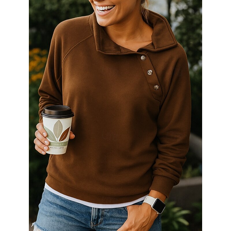 Women's Pullover Elegant Casual Long Sleeve High Neck Regular Tops Holiday Buttons Black Yellow Blue Brown Green Summer Fall Winter3