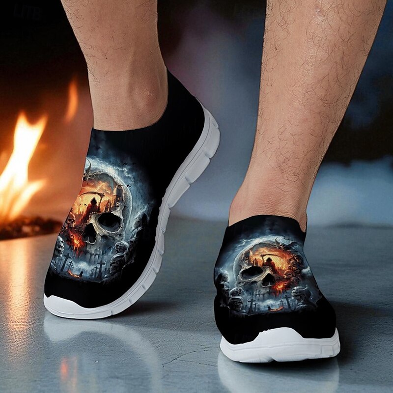 Men's Slip-On Sneakers with Grim Reaper Skull Print – Halloween Themed Casual Shoes for Party, Cosplay and Streetwear3