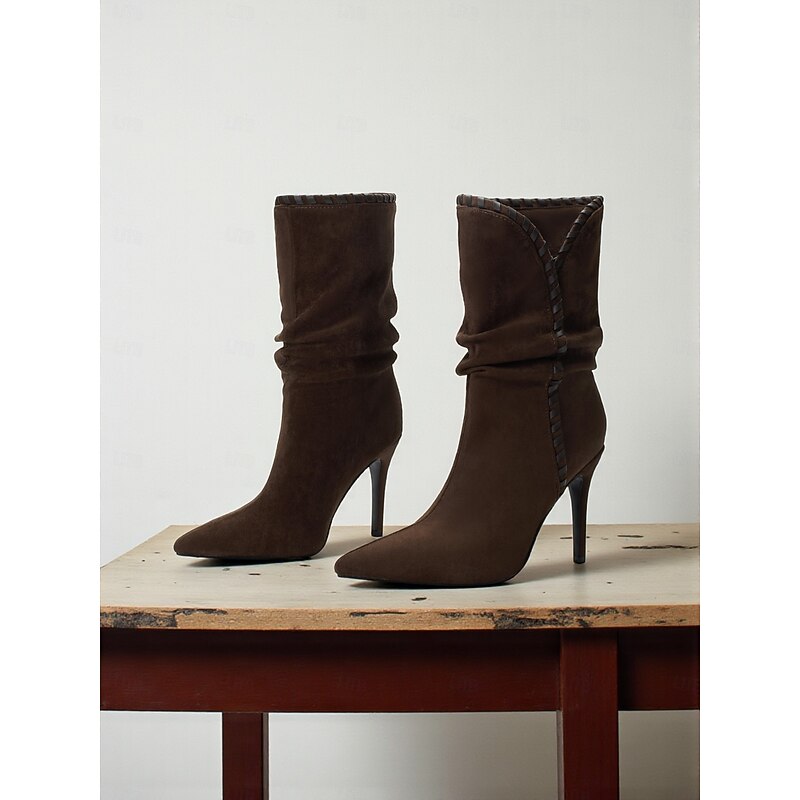 Women's Mocha Brown Pointed Toe Stiletto Ankle Boots with Woven Detail, Urban Chic Style Dress Boots for Women, Perfect for Casual and Fashionable City Outfits