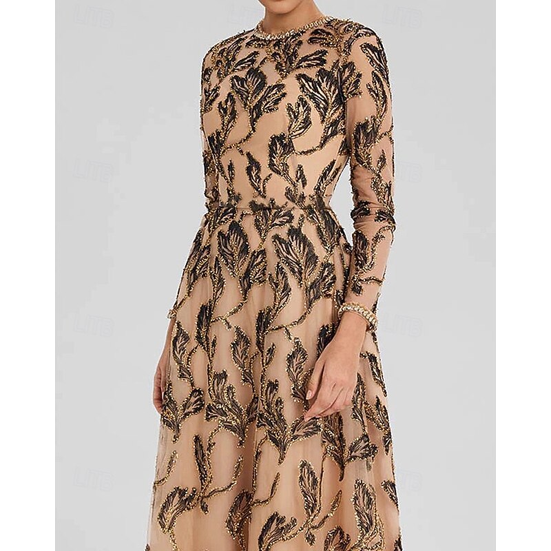 Embroidered Lace Applique A-Line Evening Gown Black and Gold Elegant Dress Formal Wedding Floor Length Long Sleeve Crew Neck Lace with Crystal-embellished Neckline and Sleeve 20252