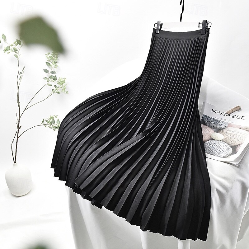 Women's Skirt Swing Fashion Casual Maxi Mid Rise Skirts Plain Pleated Micro-elastic Vacation Street Black White Navy Blue Dark Gray Summer Chiffon Polyester3