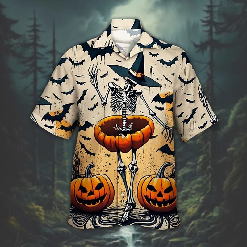 Halloween Men's Pumpkin Haunted House Halloween Costumes Shirt Cuban Collar Shirt Button Up Shirt Short Sleeve Dark Punk Gothic Style Holiday Streetwear Summer Camp Collar Shirt 3D Print Orange2