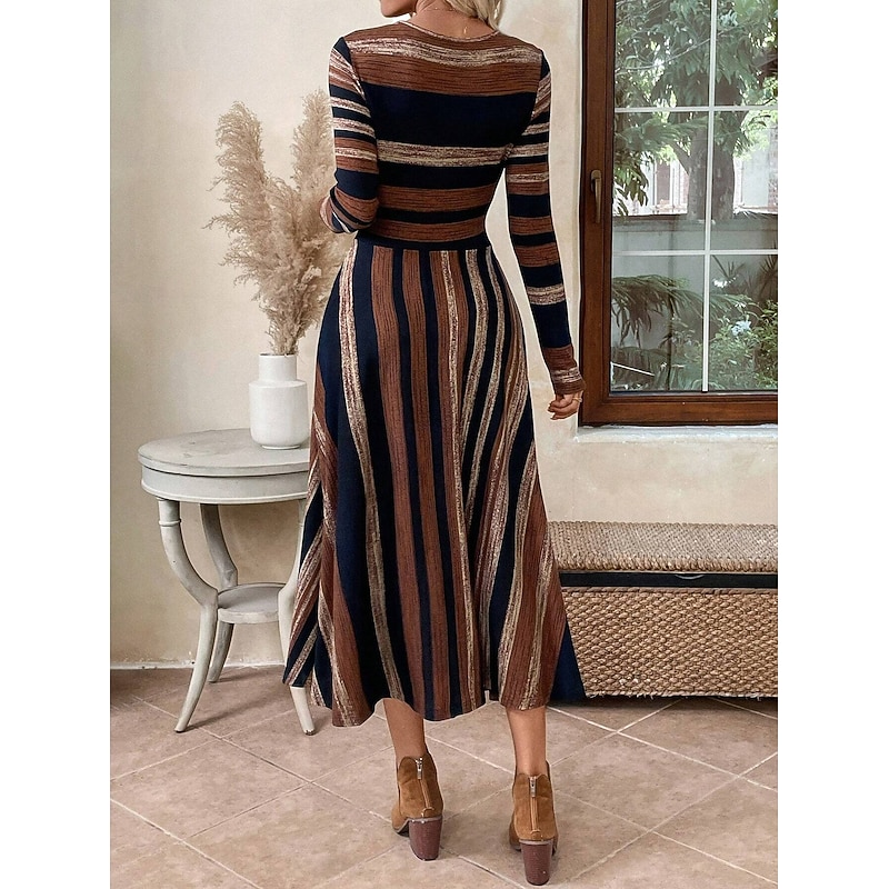 Women's Midi Dress A Line Dress Fit And Flare Dress Casual Regular Fit Graphic Geometric Long Sleeve Crew Neck Brown Summer Fall Winter2