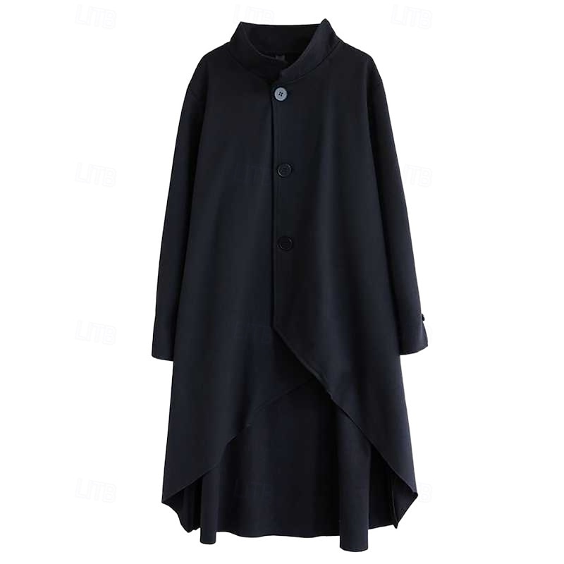 Women's Trench Coat Warm Comfortable Pocket Irregular Hem Buttons Fashion Plain Casual Daily Park Single Breasted Long Stand Collar Regular Fit Long Sleeve Outerwear Black Fall3