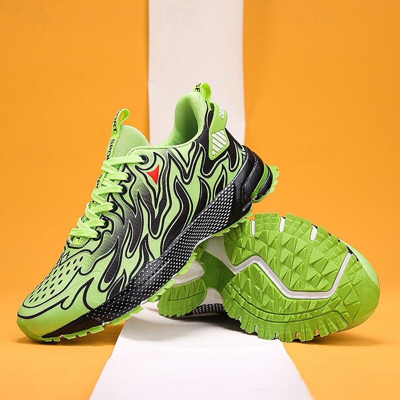 Men's Neon Green Flame Pattern Sneakers – Trendy Breathable Sports Shoes for Streetwear, Running and Outdoor Activities4
