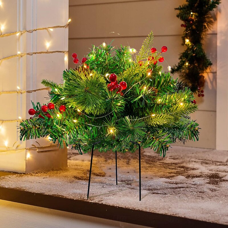 Christmas Outdoor Artificial Plant Picks, LED Lighted Pine Needle and Red Berry Stakes, Garden Yard Festive Holiday Decorations, Outdoor Artificial Christmas Tree Accessories