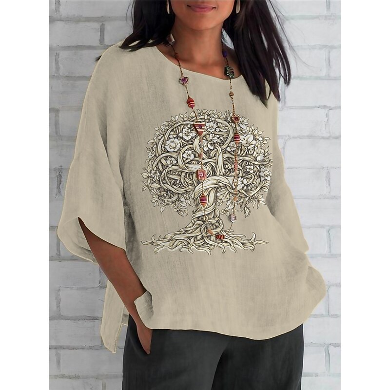 Women's Shirt Tree Daily Casual 3/4 Length Sleeve Crew Neck Regular Tops Daily Holiday Print Khaki Summer Spring Fall