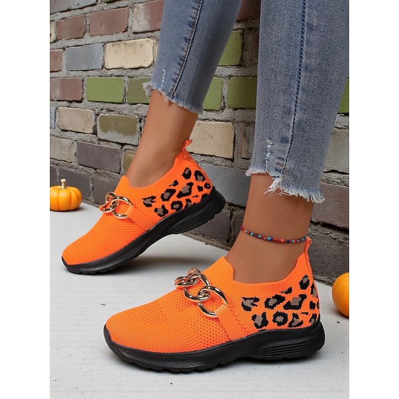 Women's Orange Flyknit Slip-On Sneakers with Leopard Print & Chain Detail – Trendy Chunky Sole Shoes for Halloween, Festivals & Streetwear2