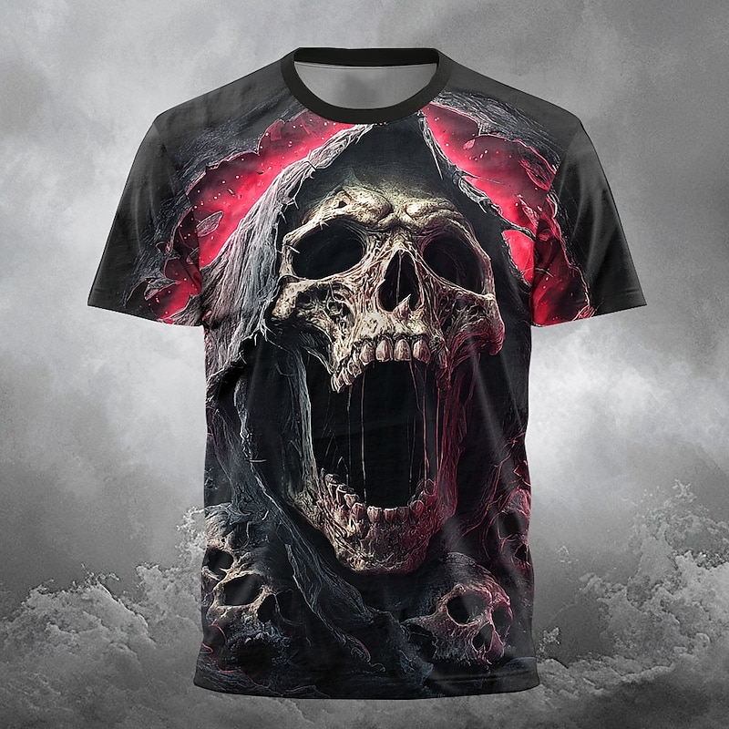 Halloween Men's Grim Reaper 3D Reaper T Shirt Short Sleeve T shirt 3D Print Crew Neck Shirt Exaggerated Designer Horror Party Street Holiday Black 1 Black 3 Black Summer Spring All Seasons Clothing4