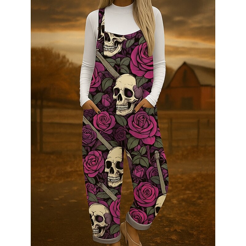 Halloween 100% Cotton Women's Overall Lightweight Graphic Sleeveless Sleeveless Wide Leg Round Neck with Pocket Vacation Daily Loose Fit Red Blue Purple Summer4