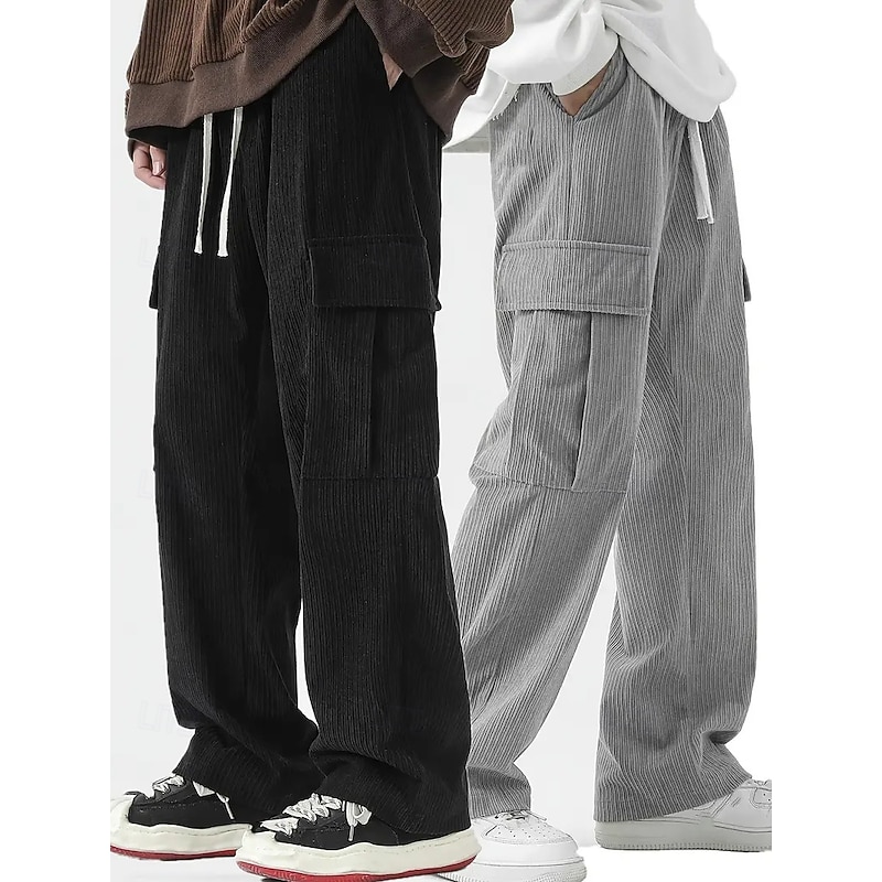 Multi Packs 2pcs Men's Black+Brown Sweatpants Corduroy Pants Trousers Drawstring Elastic Waist Plain Vacation Daily Wear Polyester Spring