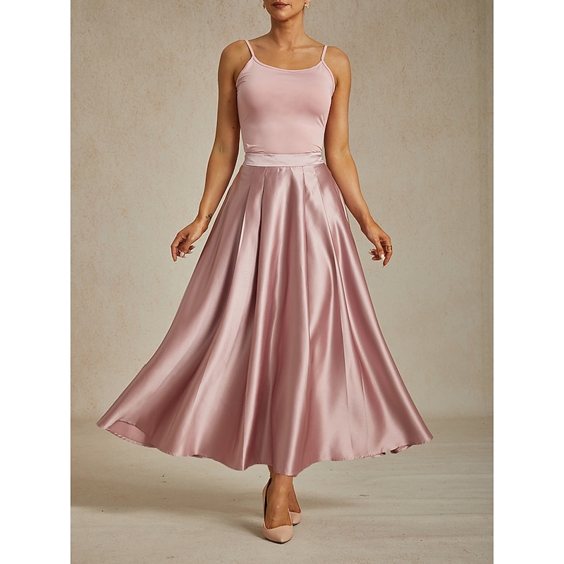 Women's Skirt Elegant Vintage Fashion Maxi Mid Waist Skirts Ruched Pleated Pocket Micro-elastic New Year Party Evening Wear Pink Spring Silk Like Satin