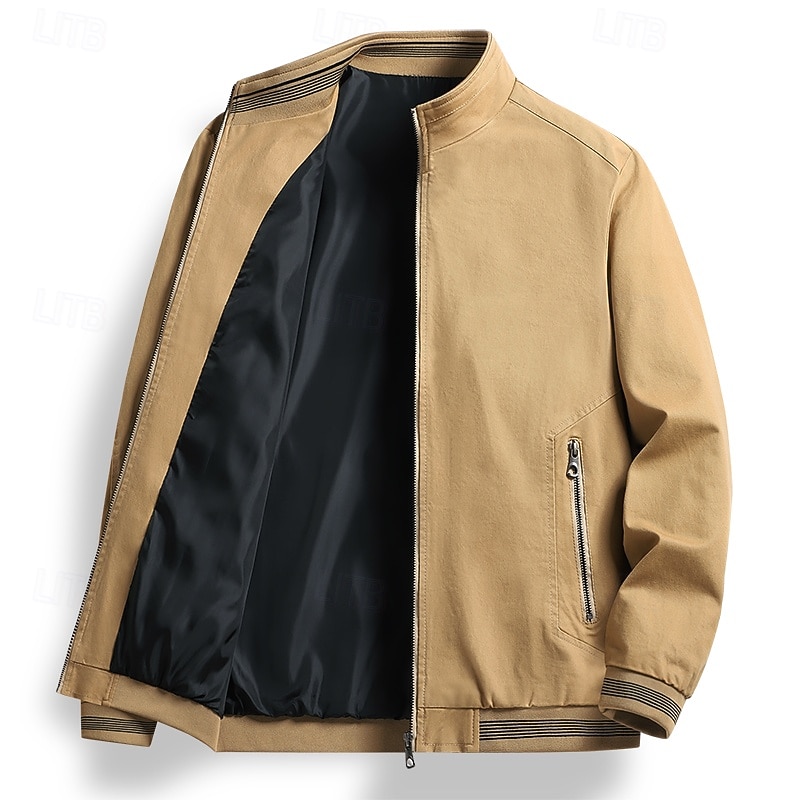 Men's Jacket Casual Jacket Outdoor Vacation Warm Zipper Pocket Fall Winter Plain Fashion Streetwear Standing Collar Regular Black Khaki Army Green Beige Jacket