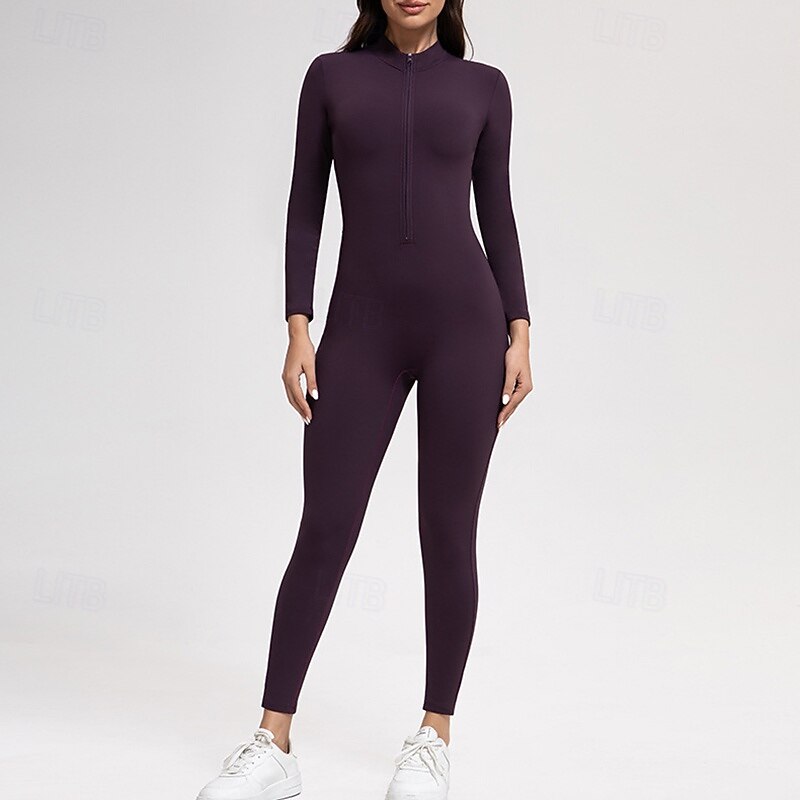 Women's Fleece Workout Jumpsuit One Piece Romper Winter Zip Up Solid Color Bodysuit Black Blue Gym Pilates Yoga Tummy Control Long Sleeve Sport Activewear Tight Fit3