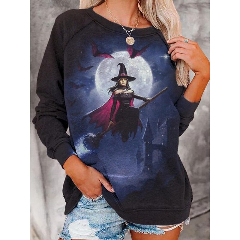 Halloween Women's Sweatshirts Witch Graphic Fashion Casual Long Sleeve Crew Neck Regular Tops Casual Print Blue Purple Orange Summer Spring Fall2
