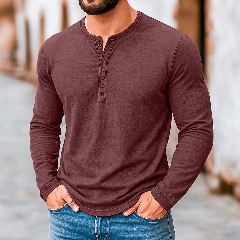 Men's Henley Shirt Retro Shirts Vintage Shirt Tee Top Long Sleeve Shirt Long Sleeve Plain Solid Vintage Fashion Basic Plain Henley Vacation Street Casual Summer All Seasons Wine Royal Blue Light Grey