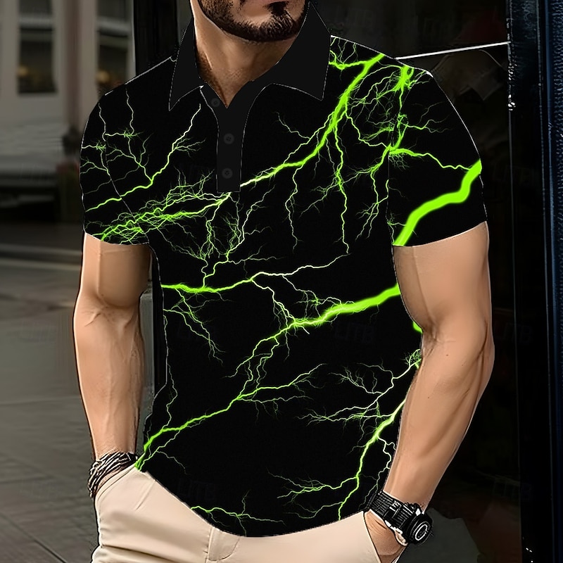 Men's Lightning Polo Short Sleeve Polo Shirts Lapel Casual Athleisure Daily Wear 3D Print Buttons Summer Blue Purple Green