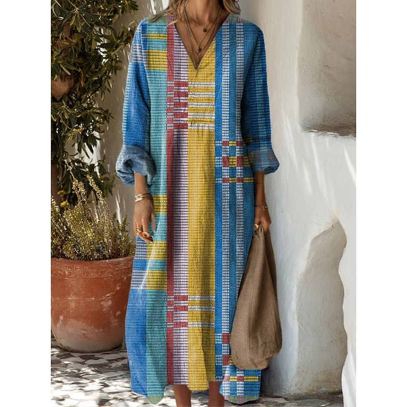 Women's Maxi Dress Sundress A Line Dress Vacation Casual Boho Party Holiday Beach Loose Fit Graphic Geometric Abstract Long Sleeve V Neck Dark Brown Dark Red Red Light Brown Spring Fall2