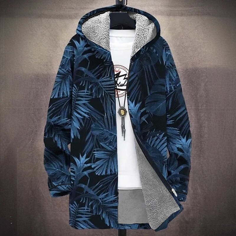 Men's Graphic Winter Coat Fleece Jacket Coat Thermal Warm Comfortable Casual Daily Wear Zipper Pocket 3D Print Fall Winter Hooded Long Sleeve Red Blue Light Blue