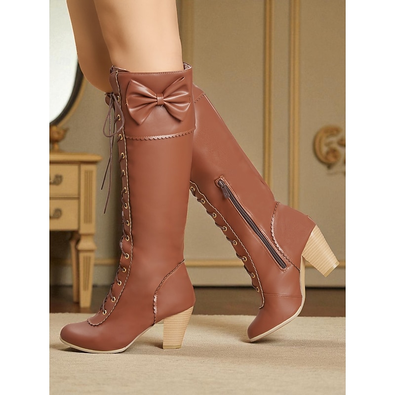 Women's Brown Lace-Up Knee High Boots with Bow Detail and Block Heel – 1950s Vintage Lolita Cosplay, Retro Fashion and Party Footwear3