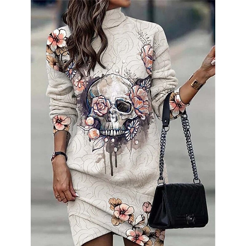 Halloween Women's Sweatshirt Dress Skulls Print Mini Dress Wrap Dress Party Boho Semi Formal Formal Outdoor Home  Floral Graphic Skull Long Sleeve Turtleneck Black Apricot Spring Fall Winter2