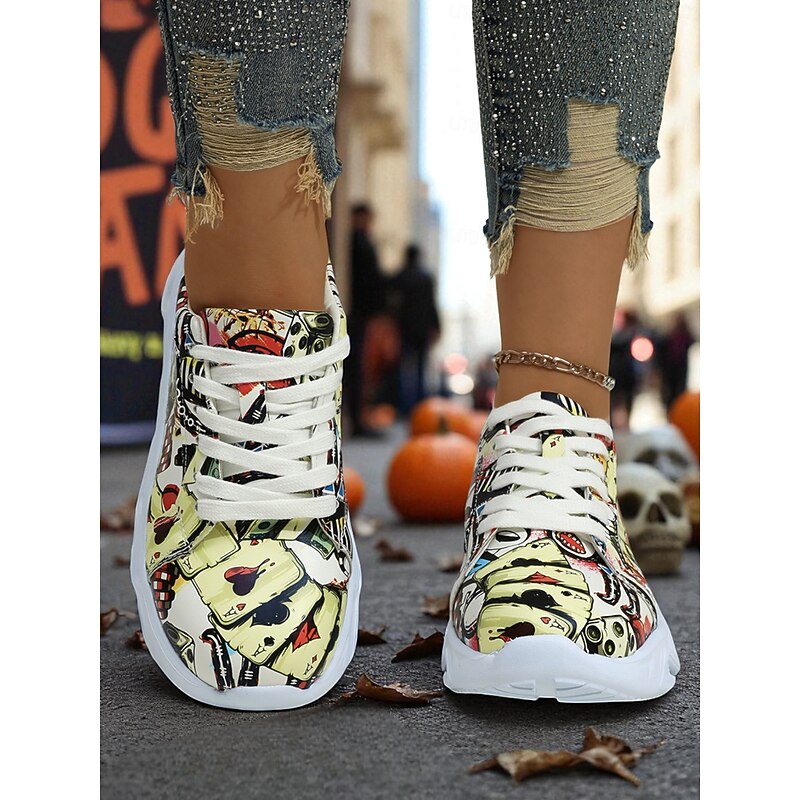 Women's Black and White Graffiti Halloween Sneakers - Chunky Sole Athletic Walking Shoes for Urban Streetwear, Fall Outfits and Costume Parties