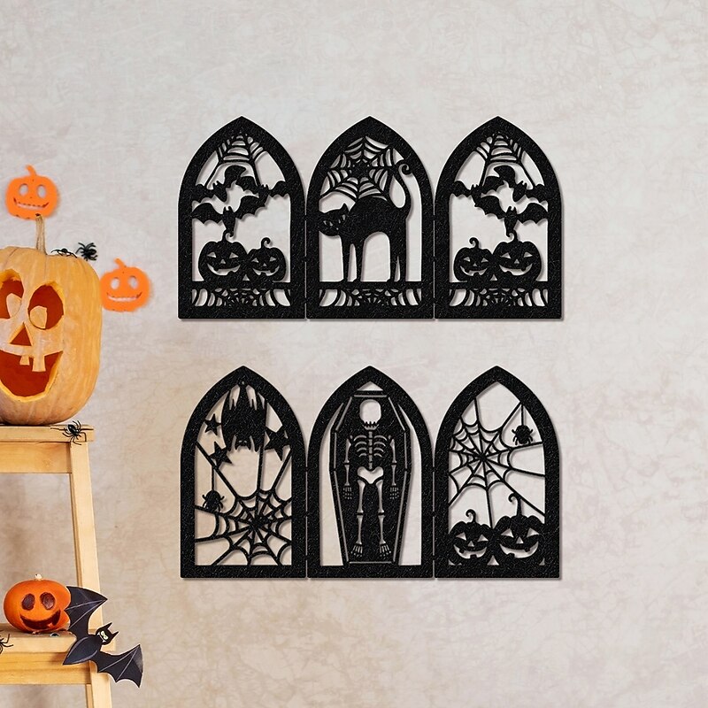2PCS Halloween Decor Non-Woven Fabric Arch Wall Stickers Set – Pumpkin, Bat, Skull, Black Cat, Spider Halloween Elements for Home Wall Decoration, Party and Festive Displays