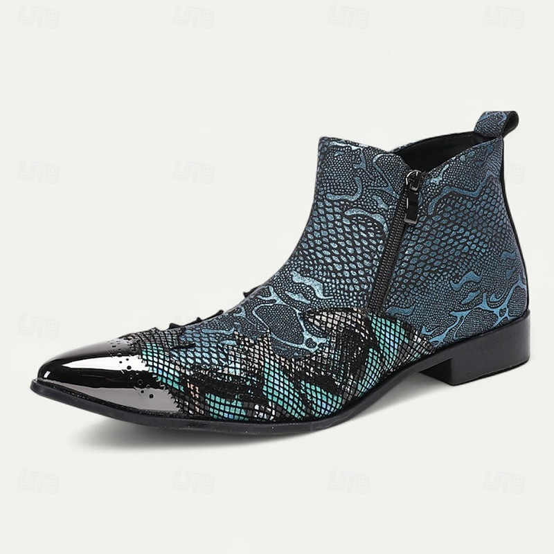Men's Blue Snakeskin Pointed Toe Ankle Boots – Rock Star Cowhide Zip-Up Boots for Concerts, Festivals and Themed Occasions4