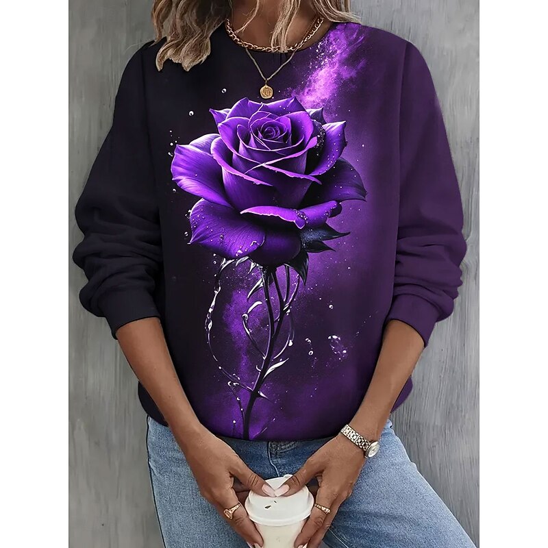 Women's Pullover Graphic Rose Casual Long Sleeve Crew Neck Round Neck Regular Tops Street Casual Holiday Print Blue Purple Spring Fall Winter