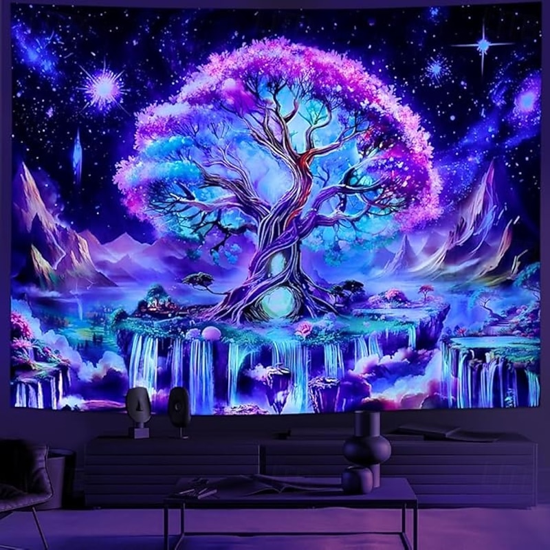 Galaxy Tree of Life Blacklight Tapestry – Psychedelic Trippy Wall Hanging for Bedroom or Living Room, Glowing Fluorescent UV Reactive Decor