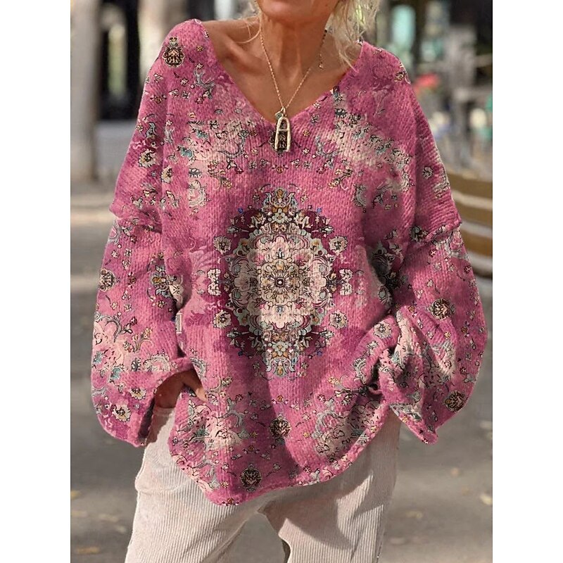 Women's Blouse Floral Vintage Ethnic Long Sleeve V Neck Long Tops Daily Holiday Print Pink Spring Fall Winter
