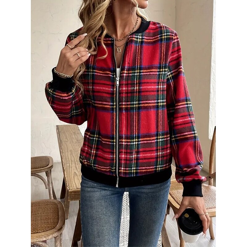 Women's Casual Jacket Warm Quick Dry Zipper Pocket Elegant Fashion Daily Simple Geometric Vacation Casual Daily Holiday Regular Baseball Collar Regular Fit Long Sleeve Outerwear Red Drak Red Fall4