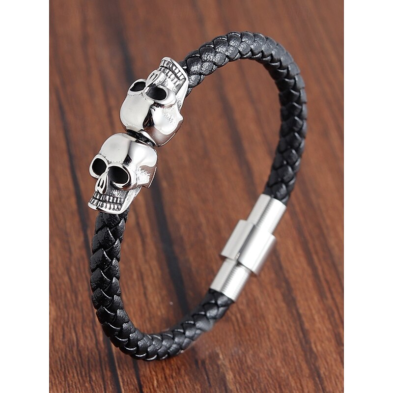 Men's Halloween Skull - Decorated Leather & Alloy Bracelet, Gothic Style, Perfect for Festive Parties & Edgy Daily Looks3