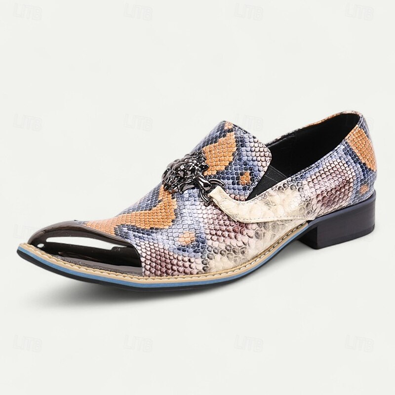 Men's Multicolor Snakeskin Pointed Toe Dress Shoes – Exotic Cowhide Slip-Ons with Metal Cap for Stage Shows, Themed Parties and Fashion Events2