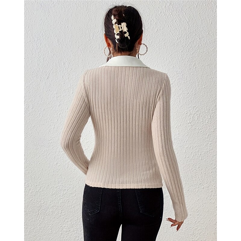 Women's Sweater Pullover Daily Stylish Casual Solid Color Ribbed V Neck Knitted Long Sleeve Regular Tops Knit Daily Holiday Going out Apricot Fall Winter2