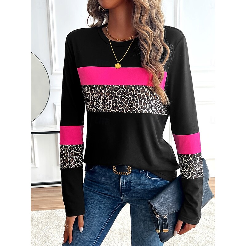 Women's T Shirt Graphic Leopard Geometric Vintage Stylish Classic Long Sleeve Crew Neck Round Neck Regular Tops Daily Print Rose Pink Spring Fall Winter - Main Image