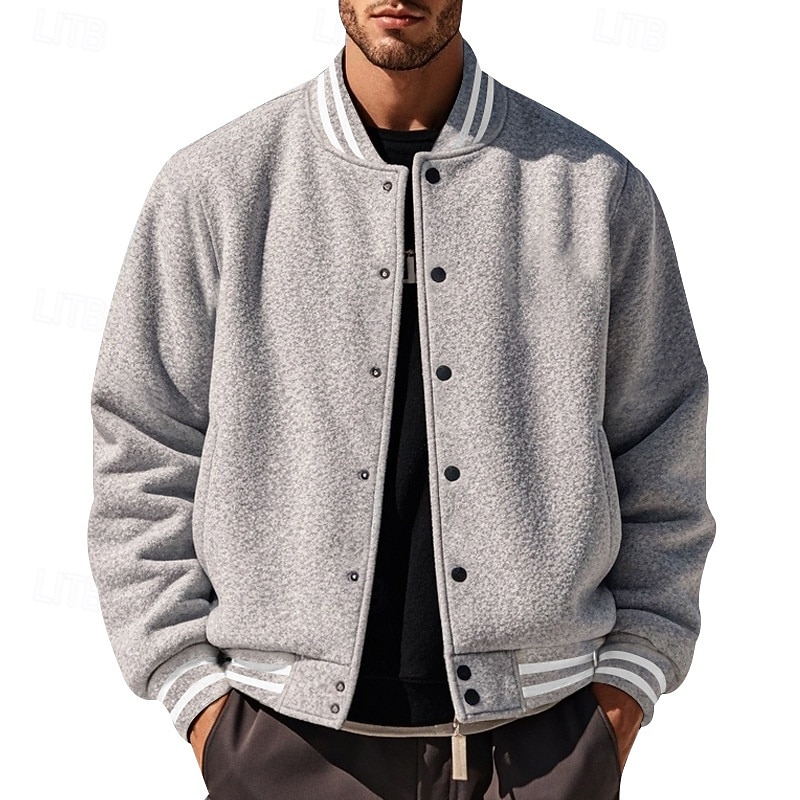 Men's Casual Jacket Varsity Jacket Vacation Daily Warm Pocket Fall Winter Stripe Fashion Classic Standing Collar Regular Black Red Navy Blue Royal Blue Light Grey Jacket