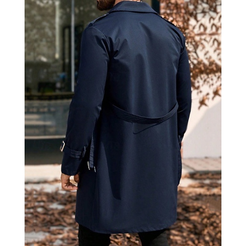 Men's Overcoat Trench Coat Long Trench Coat Vacation Daily Fall Winter Polyester Windproof Soft Outerwear Clothing Apparel Fashion Classic Plain Pocket Lapel Double Breasted4