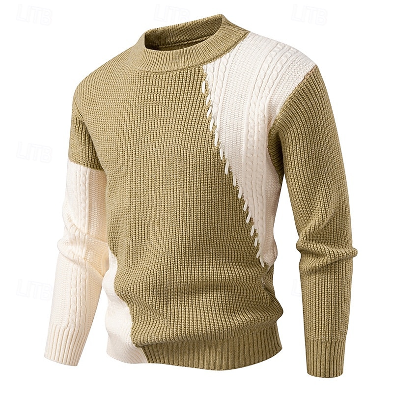 Men's Pullover Sweater Jumper Knit Sweater Ribbed Knit Regular Tops Knitted Color Block Crew Neck Fashion Basic Vacation Daily Wear Clothing Apparel Winter Khaki Beige S M L