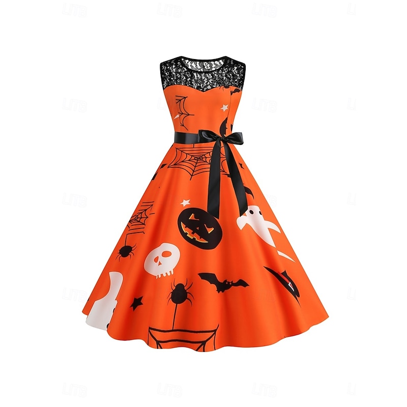 Halloween Women's Pumpkin Print Midi Dress A Line Dress Casual Daily Holiday Regular Fit Pumpkin Bat Sleeveless Crew Neck Black Dark Red Red Orange Summer Spring Fall