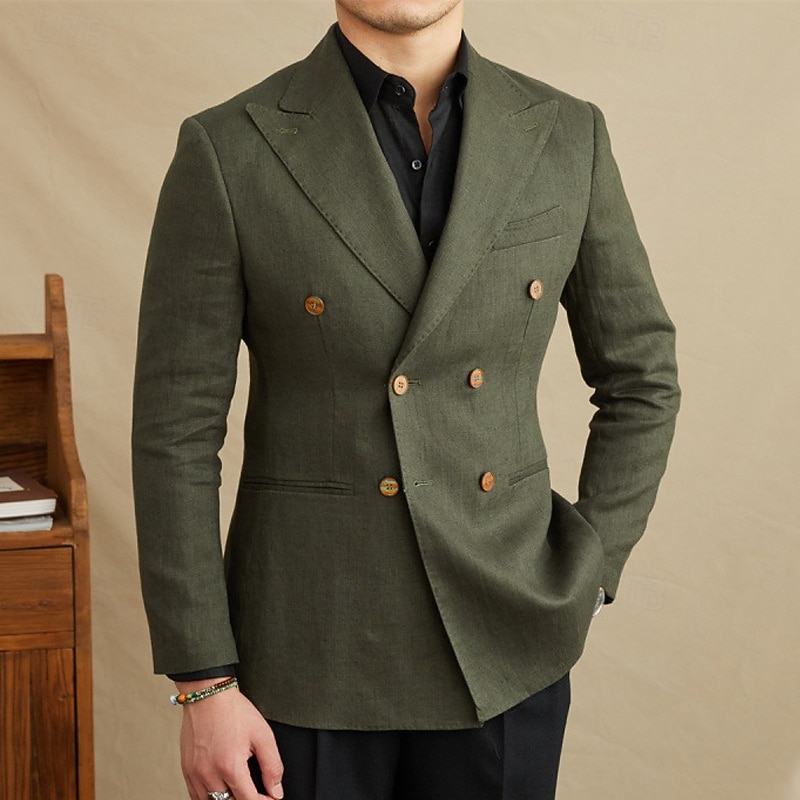 Men's Linen Blazer Blazer Business Cocktail Party Wedding Party Fashion Casual Spring Fall 30% Linen 60% Polyester Plain Pocket Buttons Comfortable Double Breasted Blazer Black White Brown Green2