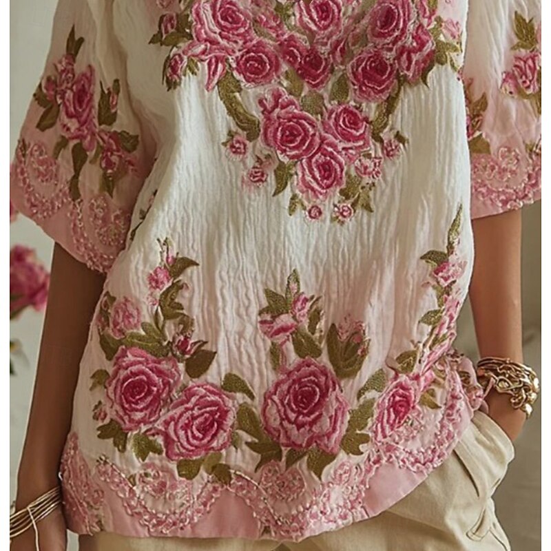 Women's 3D Print Boho T-shirt Graphic Plants Elegant Bohemia Vintage Half Sleeve V Neck Regular Tops Daily Going out Weekend Black Yellow Pink Purple Rose Pink Summer Spring2