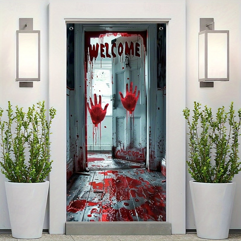 Halloween Door Cover – Bloody Handprints and Welcome Sign, Haunted House Entrance Banner, Horror Outdoor 2025 Halloween Decoration for Bedroom, Living Room, Bathroom